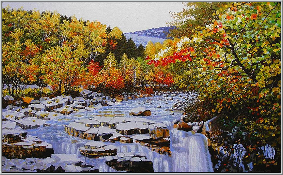 Картина из серии времена года - Осенний пейзаж.
После осеннего дождя громко шумит бегущая горная река.
Работа выполнена на холсте маслянными красками название картины - Горная река осенью
