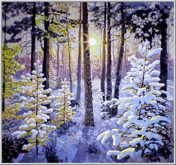 Картина из серии времена года - зимний пейзаж.
Чистый морозный воздух просыпается зимний лес - вот и утро.
Работа выполнена на холсте маслянными красками название картины - Утро в зимнем лесу