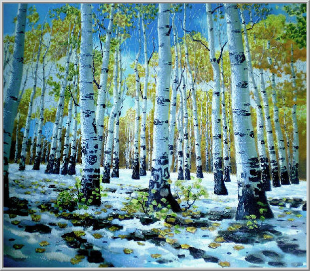 Картина из серии времена года - зимний пейзаж.
Ясный солнечный день голубое небо в березовой роще выпал первый снег.
Работа выполнена на холсте маслянными красками название картины - Первый снег